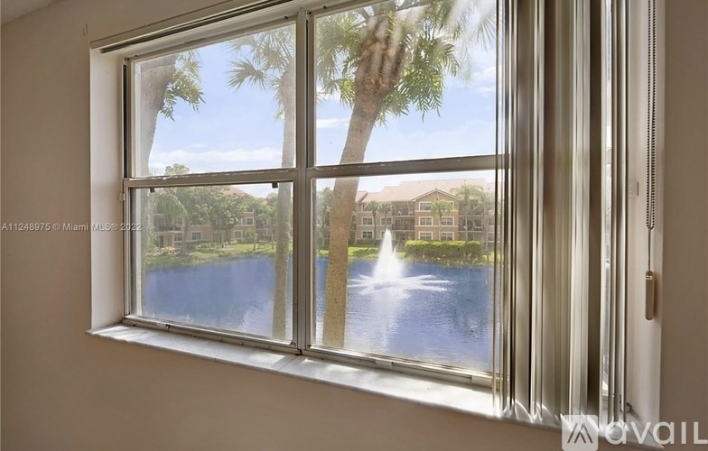 A window with a view of a lake and palm trees.