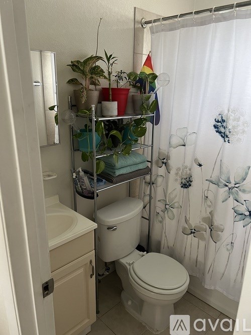 A bathroom with a toilet, sink, and a shelf with plants on it.