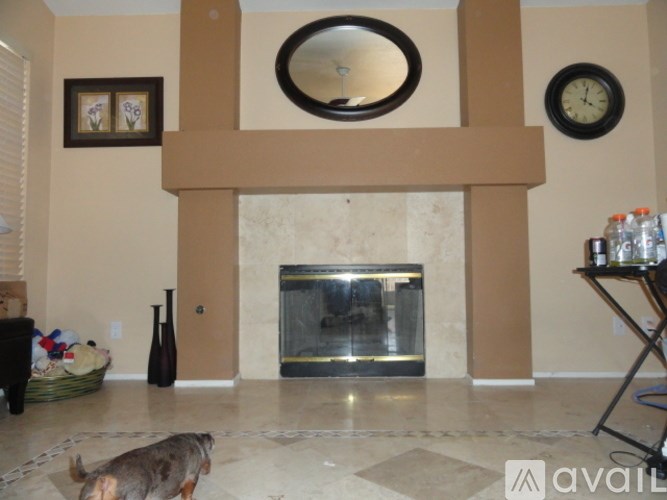 A dog is standing in front of a fireplace in a living room.