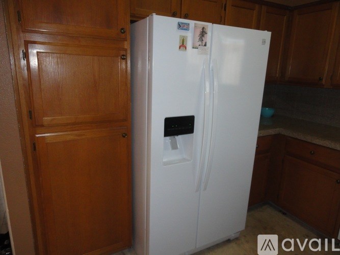 A white refrigerator with a black water filter compartment in between two doors.
