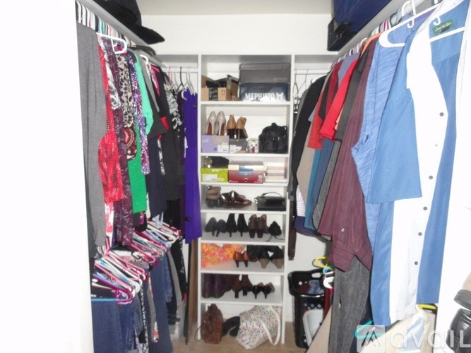A closet full of clothes and shoes.
