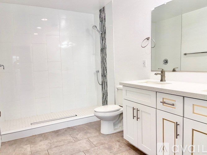 A white toilet sits in a bathroom with a walk-in shower.