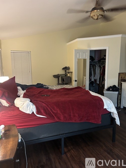 A bedroom with a red bedspread and a ceiling fan.