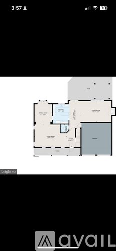 A floor plan of an apartment with a kitchen, living room, and two bedrooms.
