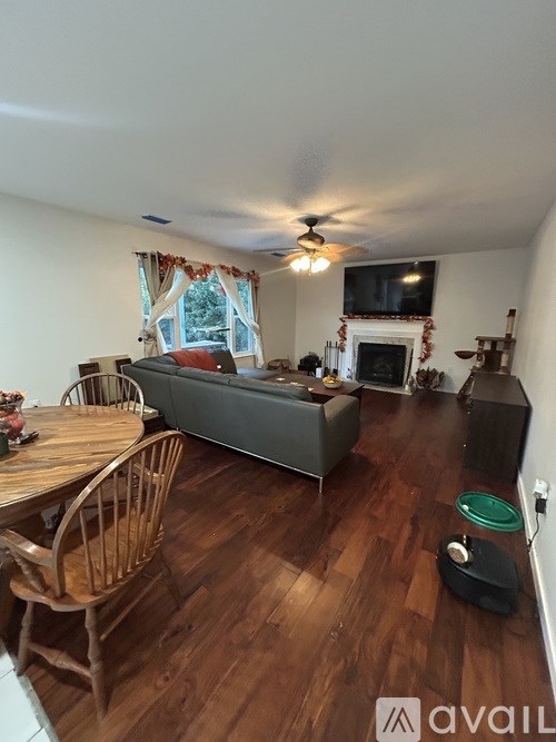 A living room with a fireplace and a television.