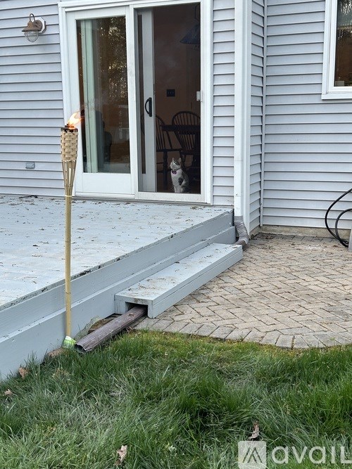 A house with a patio and a dog in the background.