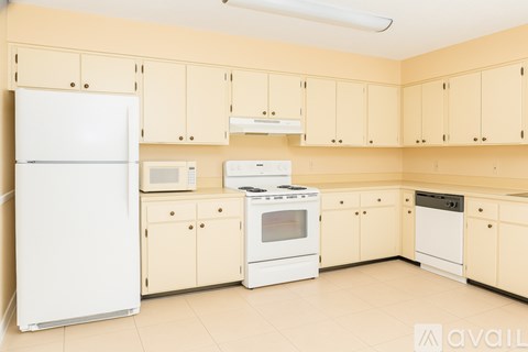 A kitchen with a white refrigerator, microwave, oven, and dishwasher.