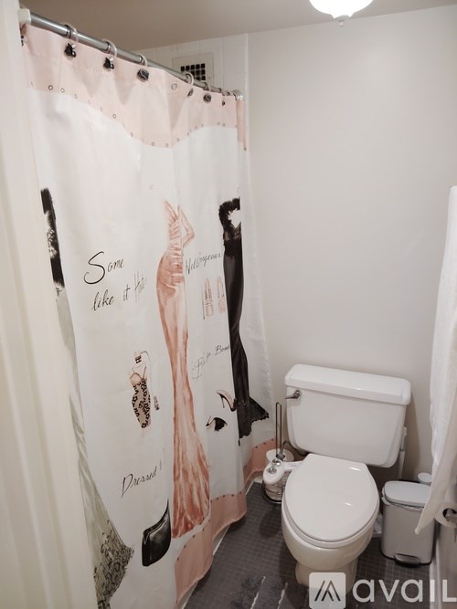 A bathroom with a shower curtain that has a fashion theme.