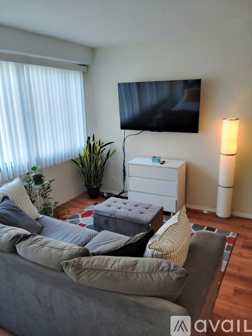 A living room with a grey couch and a flat screen TV mounted on the wall.