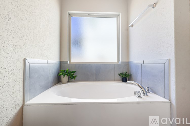 A white bathtub with a window above it and two potted plants on the side.