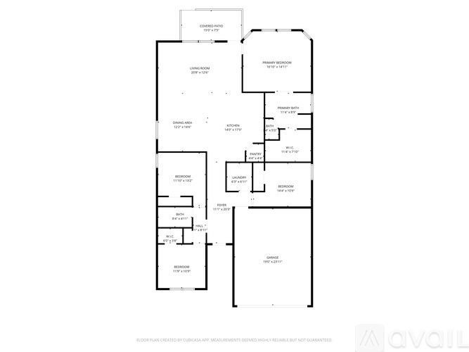A floor plan of an apartment with a living room, two bedrooms, a bathroom, and a kitchen.
