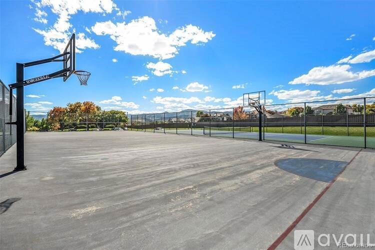 A basketball court with a hoop and a backboard.