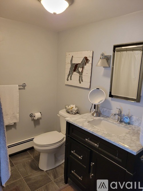 A bathroom with a toilet, sink, and a painting of a dog on the wall.