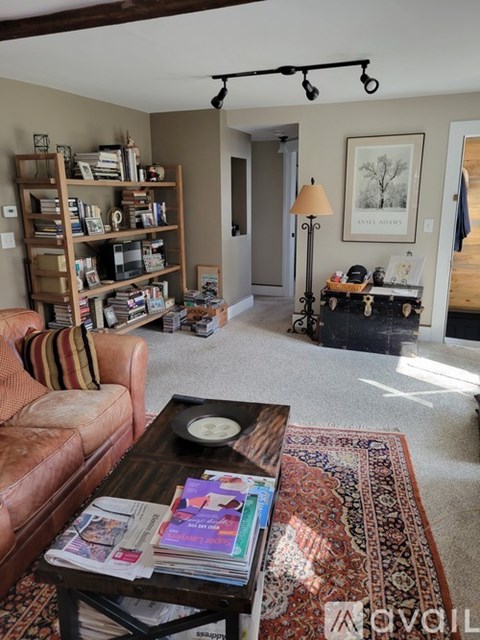 A living room with a brown leather couch, a coffee table with magazines and a bowl on it, a rug, a bookshelf, a floor lamp, and a painting on the wall.