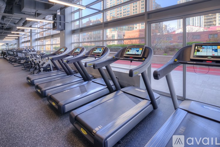 A row of treadmills in a gym with a view of the city outside the windows.