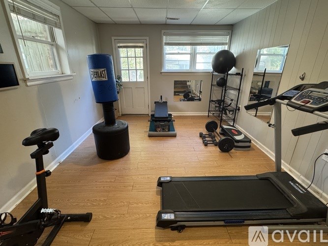 A gym with a treadmill, exercise ball, and other equipment.
