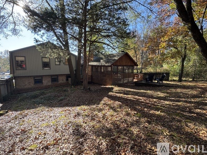 A backyard with a shed and a deck.
