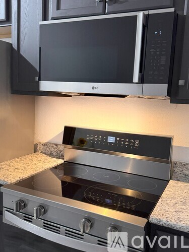 A modern kitchen with a stainless steel oven and microwave above it.