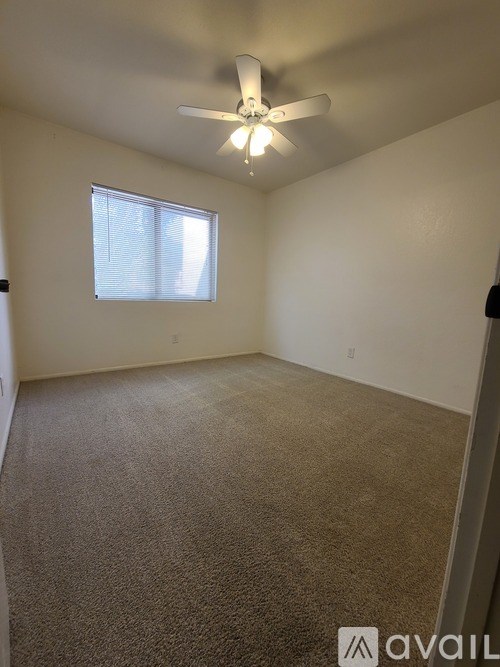 A room with a ceiling fan and carpeted floor.