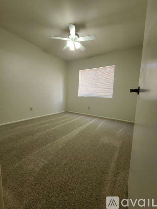 A room with a ceiling fan and carpeted floor.