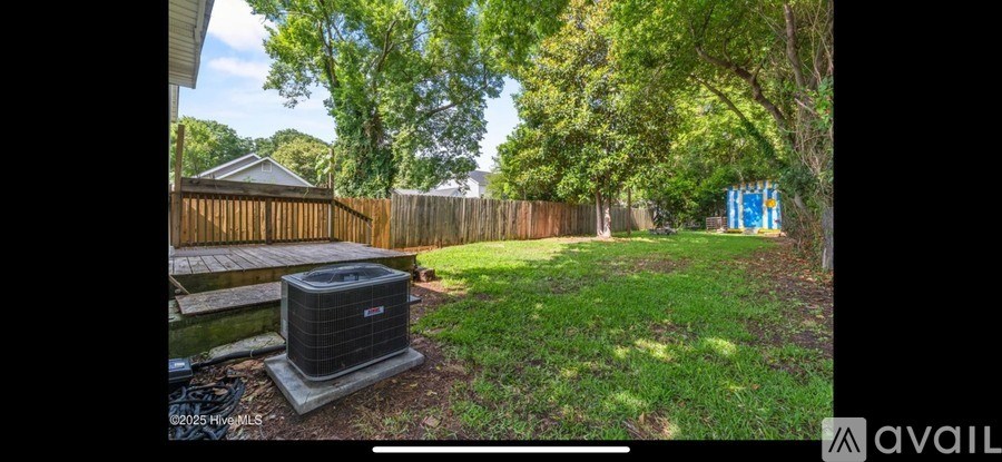 A backyard with a wooden fence and a blue object in the distance.