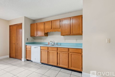 A kitchen with wooden cabinets and a white dishwasher.