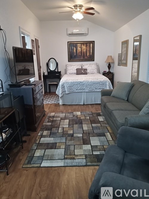 A bedroom with a bed, a couch, a dresser, and a ceiling fan.
