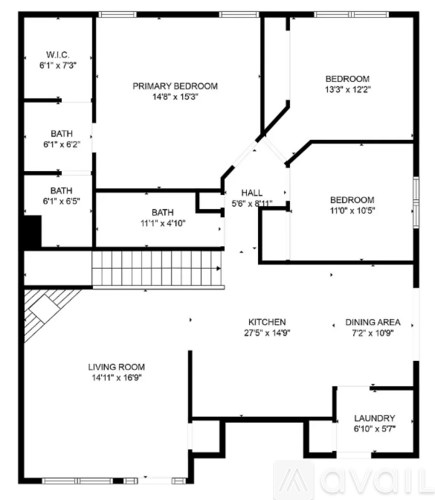 A floor plan of a house with a living room, two bedrooms, a bathroom, a kitchen, a dining area, and a laundry room.