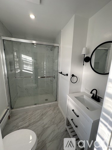 A modern bathroom with a walk-in shower, toilet, and sink.