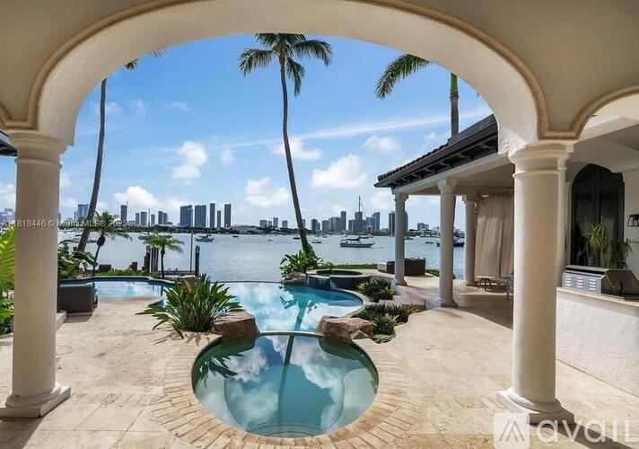 A pool with a view of a city skyline.