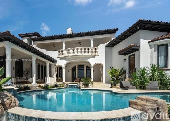 A large house with a pool in front.