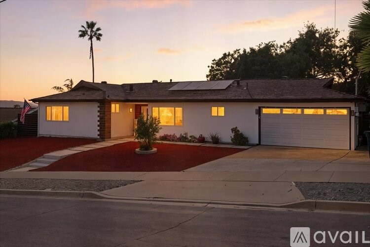 A house with a red carpet in front and a palm tree to the left.