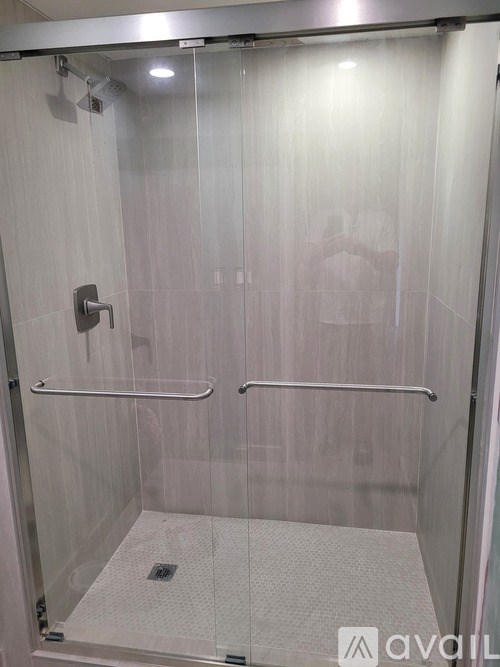 A glass shower stall with a silver handle and grab bar.