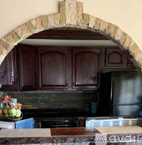 A kitchen with a stone archway and wooden cabinets.