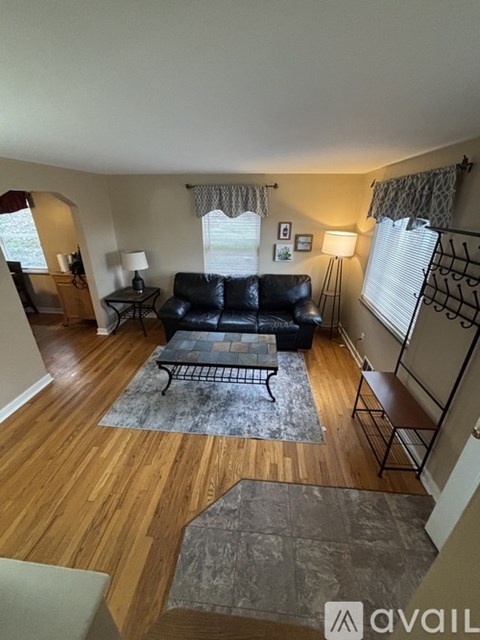 A living room with a black leather couch and a grey rug.