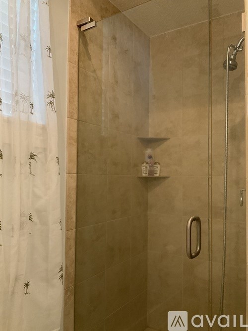 A shower area with a glass door and a shower curtain with palm tree designs.