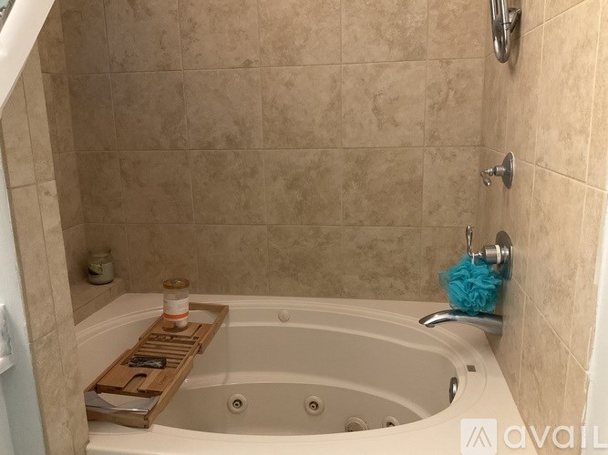 A bathroom with a tiled shower and a white bathtub.