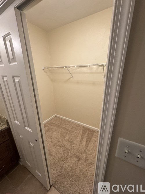 A small, empty closet with a carpeted floor and a white door.
