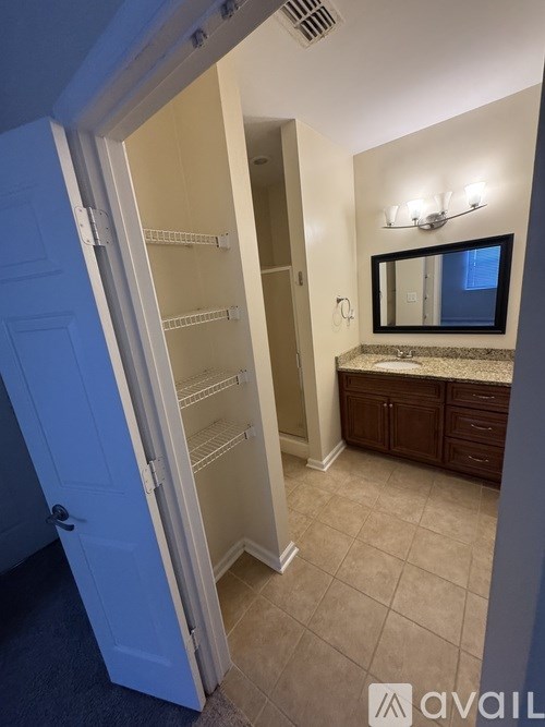 A small, empty walk-in closet with a mirror above the counter.