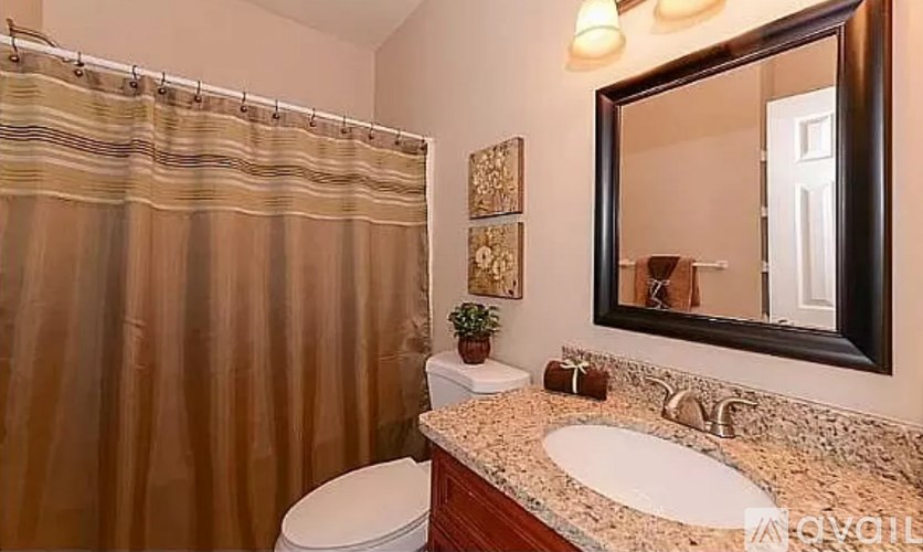 A bathroom with a toilet, sink, and shower curtain.