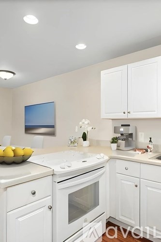 A kitchen with white cabinets and a bowl of lemons on the counter.