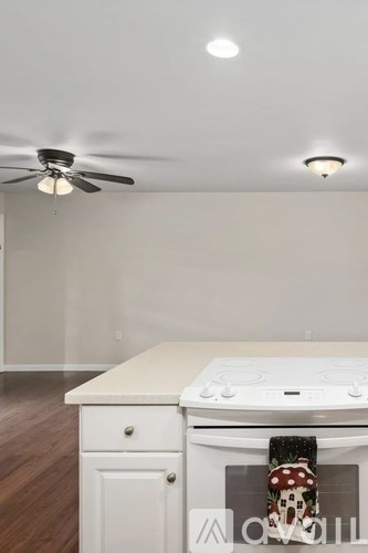 A white kitchen with a fan on the ceiling.