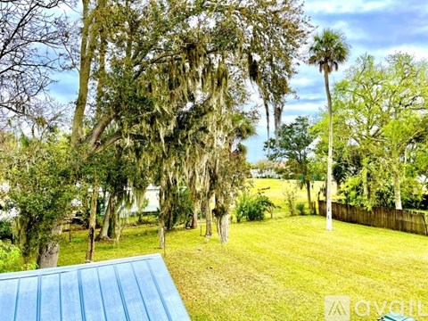 A backyard with a blue roof and trees.