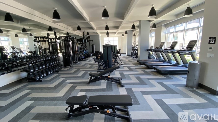 A gym with a variety of equipment including treadmills, weights, and benches.