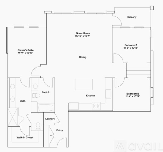 A floor plan of a house with a balcony, two bathrooms, a laundry area, a walk-in closet, and a kitchen.