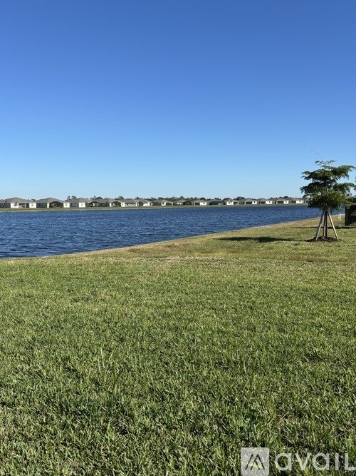 A grassy area with a body of water and buildings in the distance.