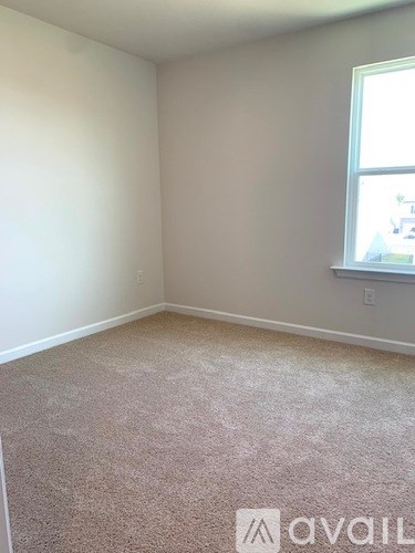 A room with a carpeted floor and a window.