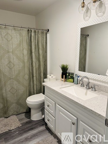 A bathroom with a toilet, sink, and shower curtain.