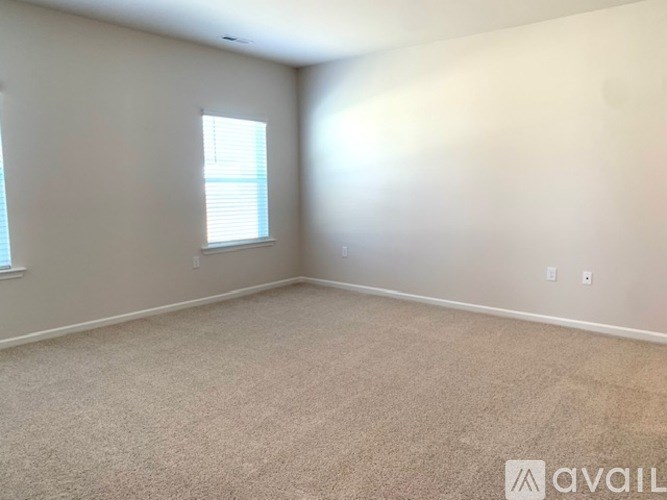A room with beige carpet and two windows.