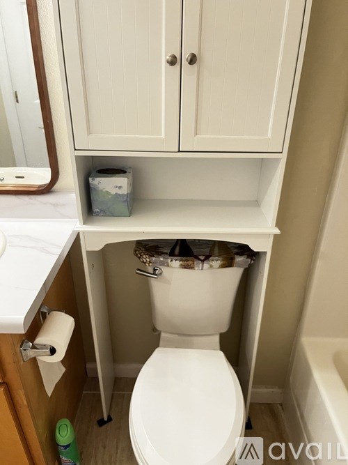 A white toilet is in a small bathroom with a cabinet above it.